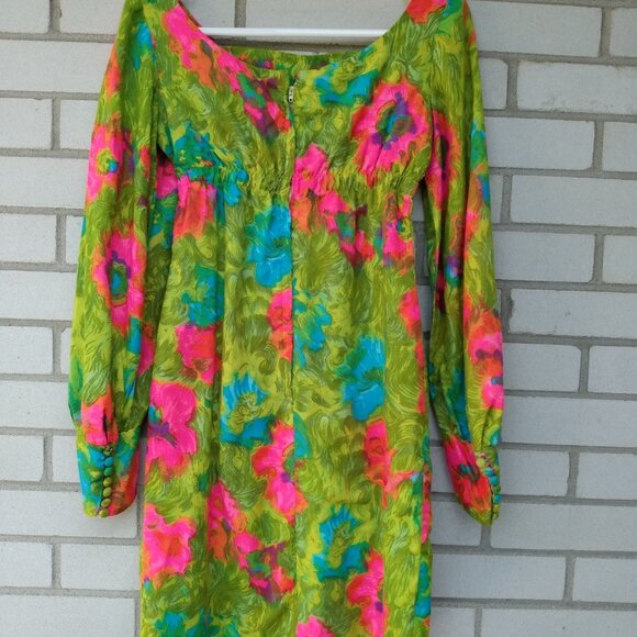 Vintage Mod Mini Dress Handmade Hawaiian Psychedelic Floral Handmade 32"B Small - Picture 8 of 12